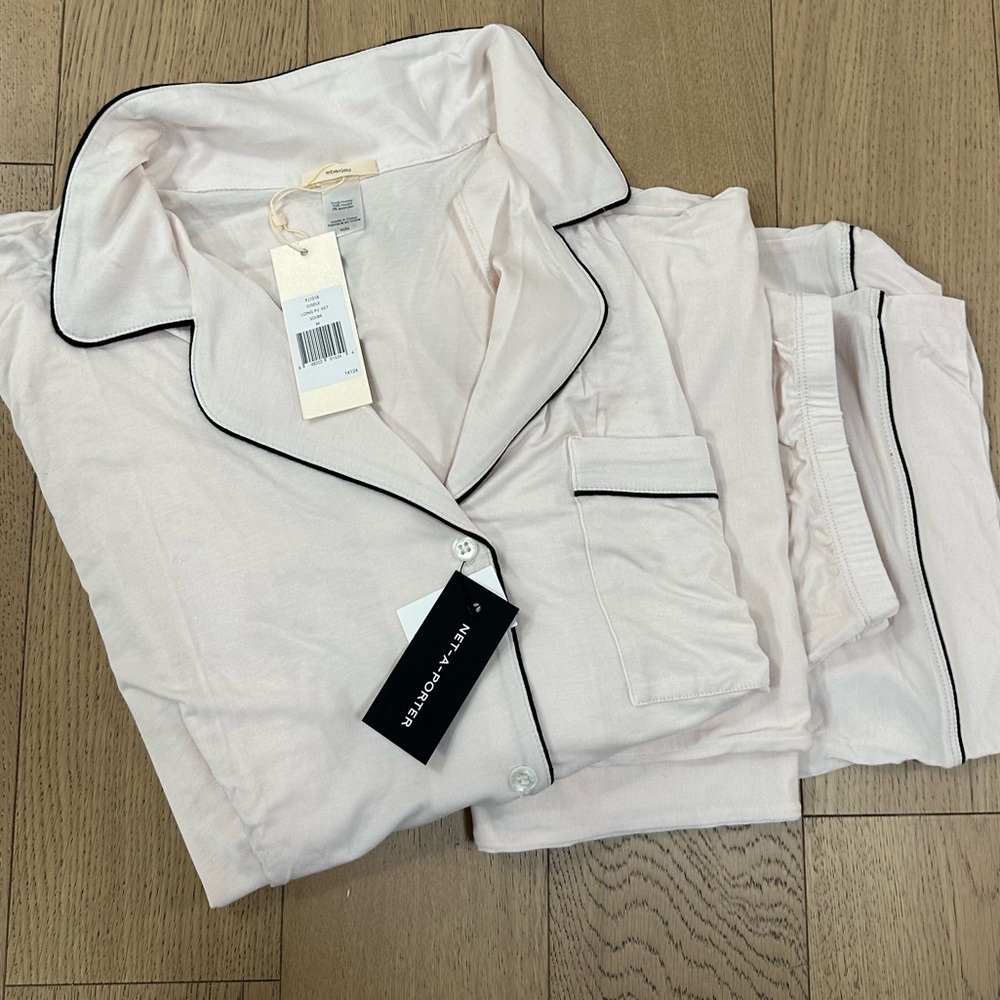 NWT Eberjey long sleeve long pants pajama set baby pink w black trim size medium